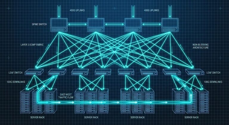 Spine-leaf data center network architecture diagram showing Layer 3 ECMP routing and east-west traffic flow.