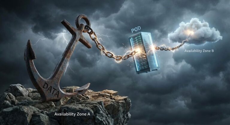 A 3D illustration of a floating server rack chained to the ground by a heavy anchor, symbolizing Kubernetes data gravity and availability zone lock-in.