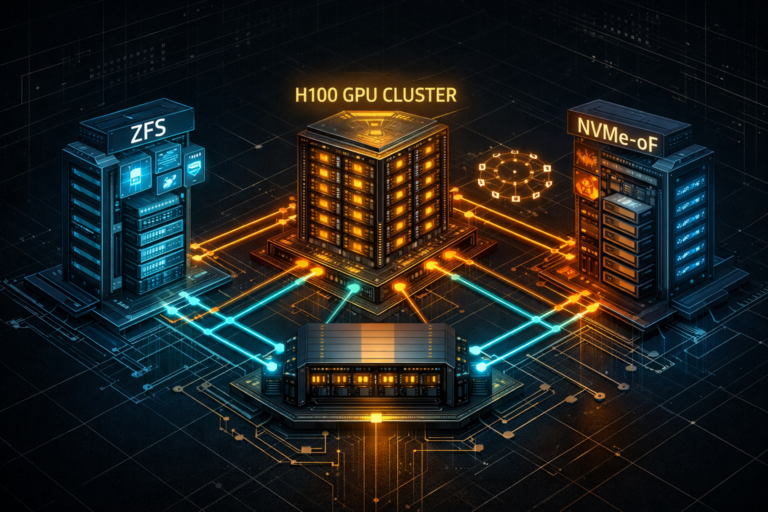 Technical schematic comparing ZFS single-node, Ceph distributed, and NVMe-oF storage fabrics for H100 GPU clusters.