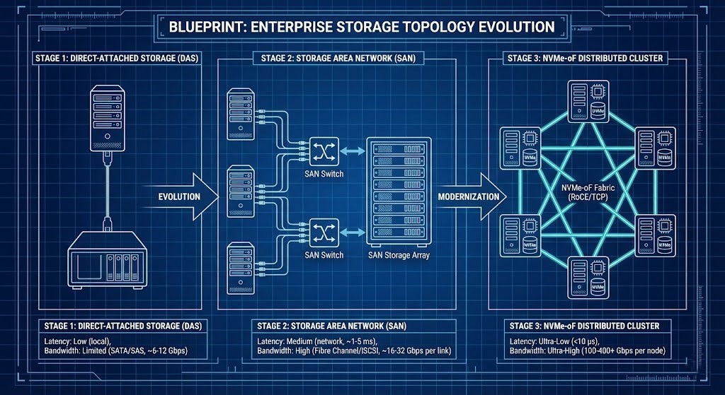 Storage topology diagram showing DAS, SAN fabric, and NVMe-over-Fabrics distributed architecture