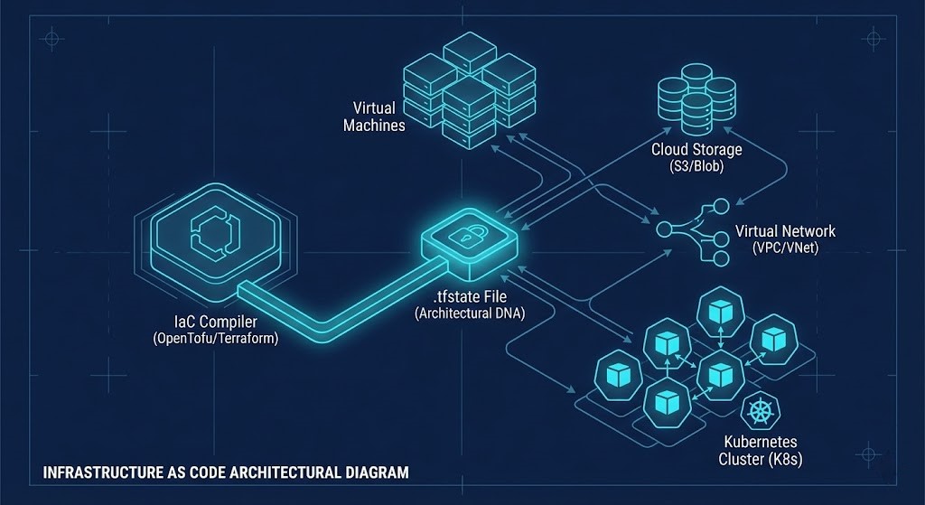 IaC compiler connected to a Terraform state file representing architectural DNA.