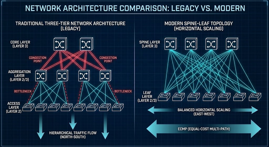 Comparison diagram of three-tier network architecture versus modern spine-leaf topology in a data center.