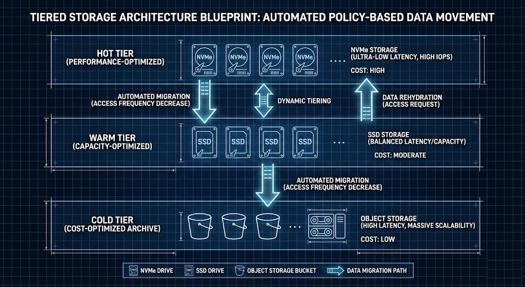 Tiered storage architecture diagram showing hot, warm, and cold data migration across performance tiers