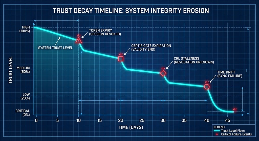 Trust decay over time in disconnected cloud environments.