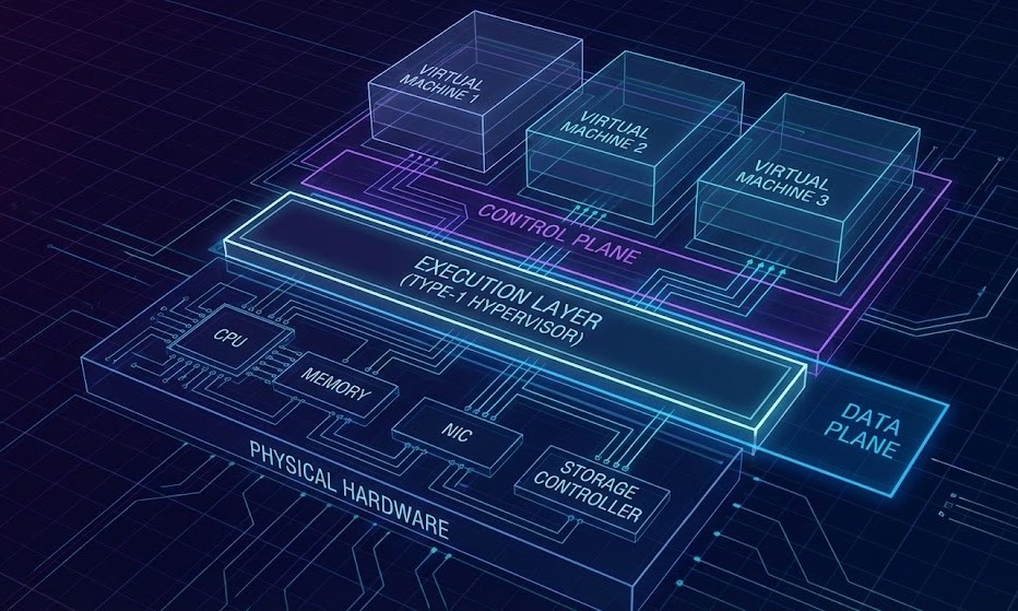 Type-1 hypervisor architecture diagram showing physical hardware, execution layer, virtual machines, and control plane separation