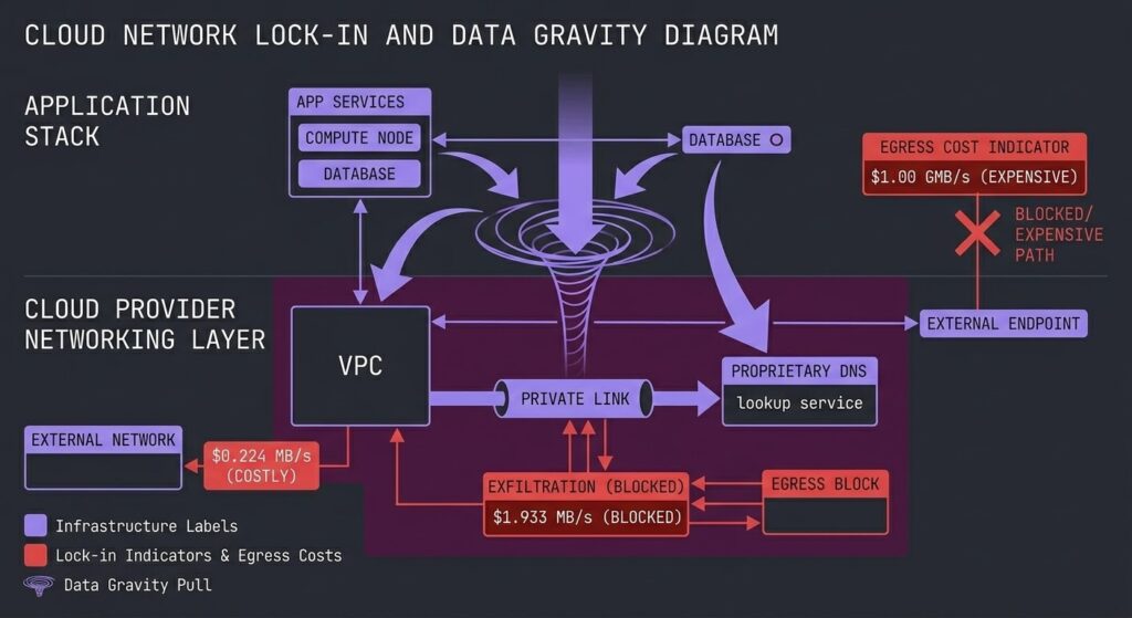 Cloud vendor lock-in through networking — data gravity, egress fees, and proprietary PrivateLink architecture diagram