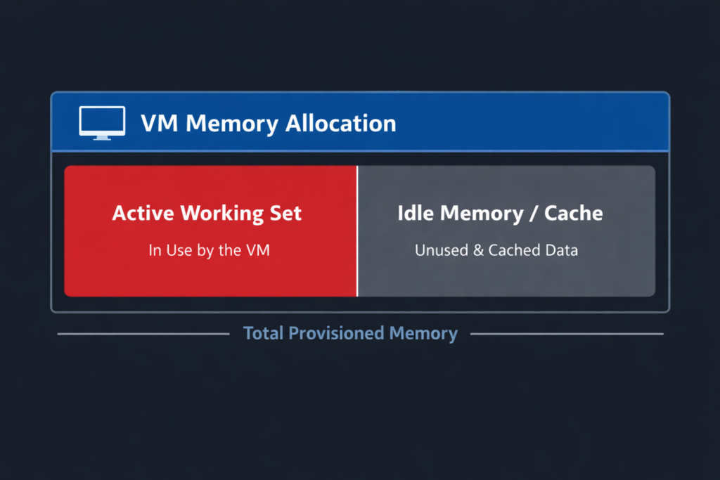 generate a clean, technical architectural diagram showing a single virtual machine's total provisioned memory split into two distinct blocks: "Active Working Set" (highlighted in red) and "Idle Memory/Cache" (highlighted in gray). Style should be flat, modern, corporate IT, dark mode compatible.