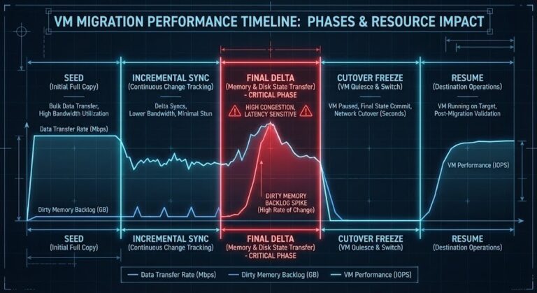 Migration timeline showing final delta dirty page spike.