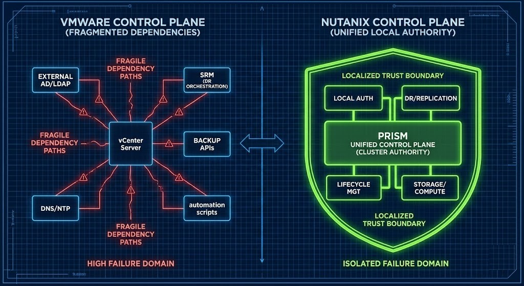 Architectural dependency graph comparing VMware's fragmented control plane to Nutanix's localized cluster authority.