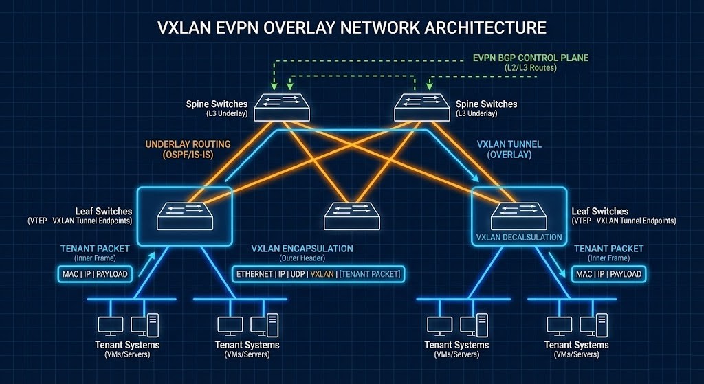 VXLAN EVPN overlay architecture showing encapsulated packet flow across a Layer 3 spine-leaf underlay.