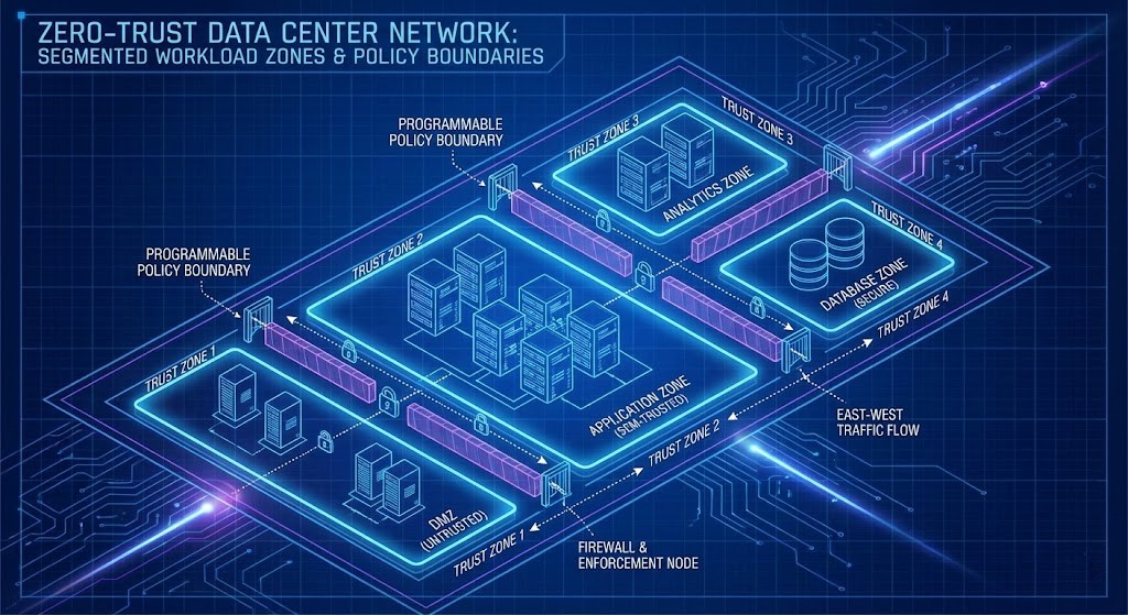 Zero-trust network segmentation diagram showing isolated workload zones and policy-based traffic enforcement.