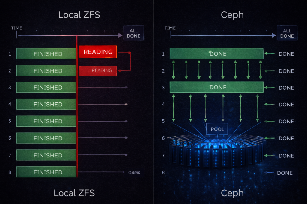 Diagram showing how a single slow local drive stalls the entire distributed training job at the synchronization barrier.