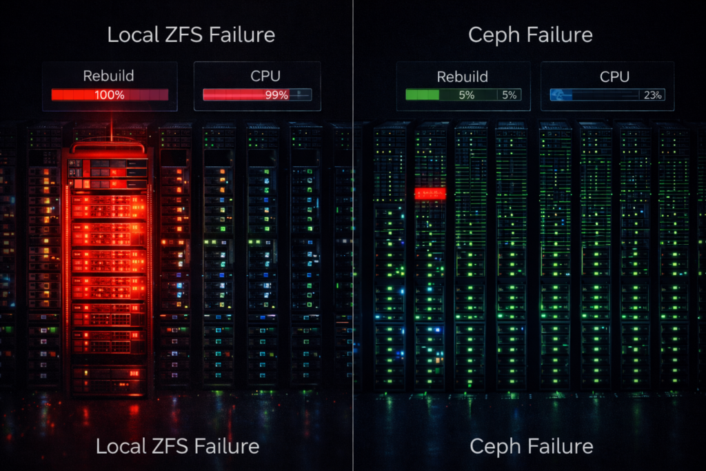 Comparison of single-node rebuild impact in ZFS vs distributed recovery in Ceph.