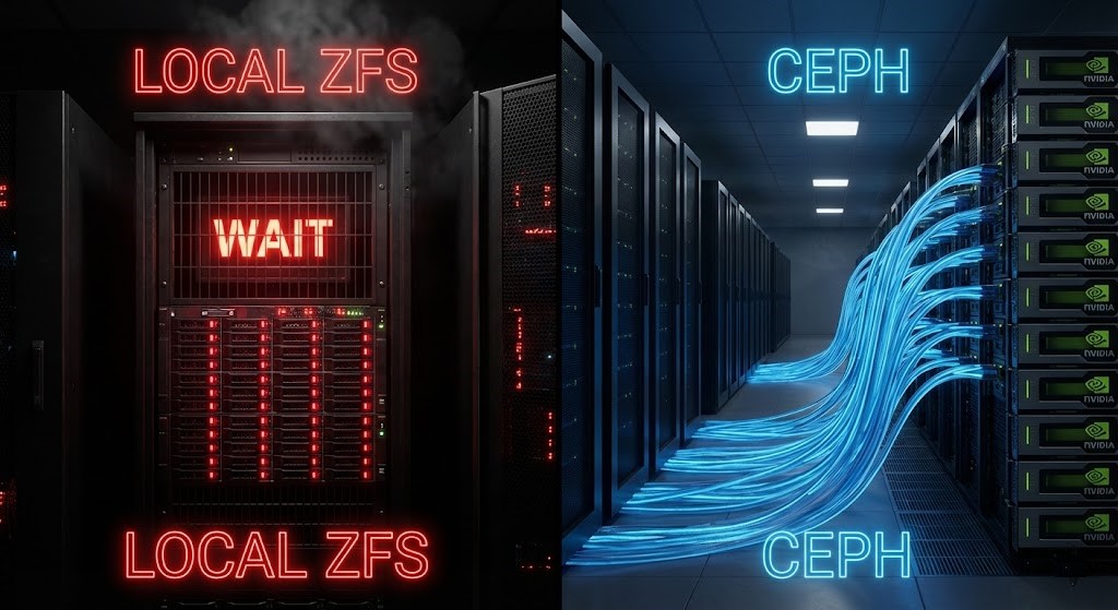 Comparison of vertical local storage silos versus horizontal distributed Ceph storage for AI training.