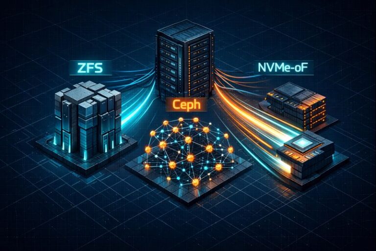 Isometric server architecture comparison of ZFS vs Ceph vs NVMe-oF showing distinct storage paths for virtualization backends.