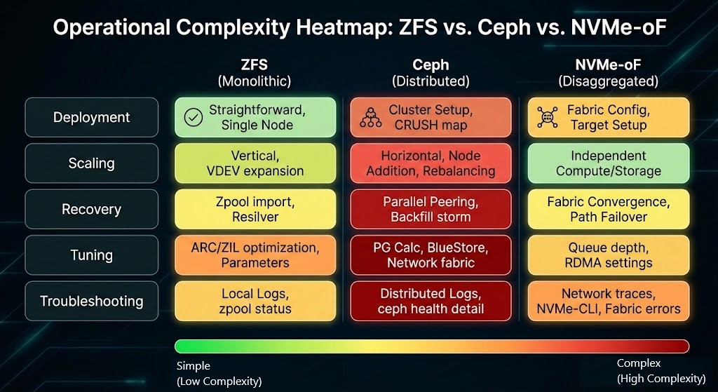 Technical data flow diagram comparing the I/O write path latency of local ZFS, distributed Ceph replication, and NVMe over Fabrics RDMA.