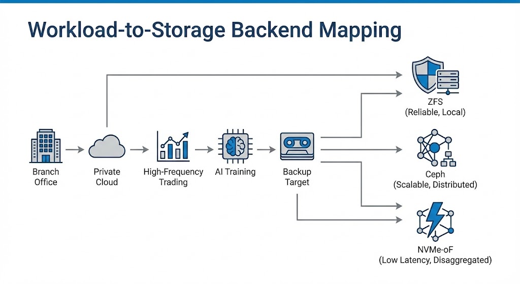 Mapping of real-world workloads to ZFS, Ceph, and NVMe-oF storage backends.