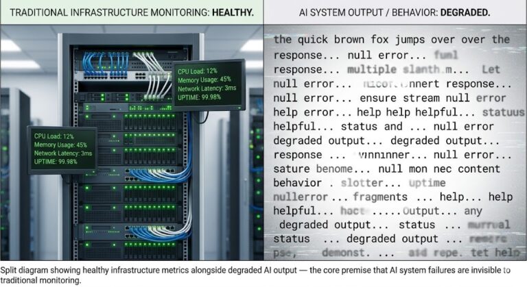 AI systems complexity shift — infrastructure shows healthy while behavior layer produces degraded outputs