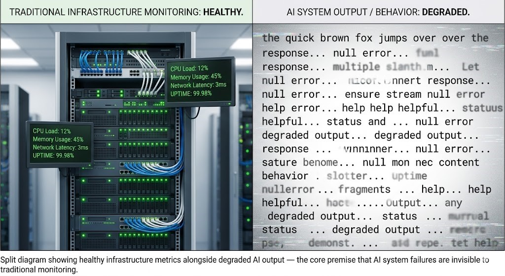 AI systems complexity shift — infrastructure shows healthy while behavior layer produces degraded outputs