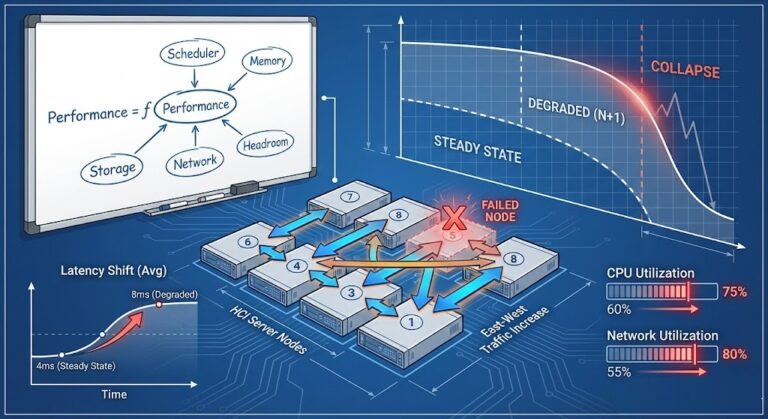 Architectural diagram showing performance modeling of an 8-node HCI cluster under N+1 failure, with increased east-west traffic, rising CPU utilization, and latency envelope shifting from steady-state to degraded mode.