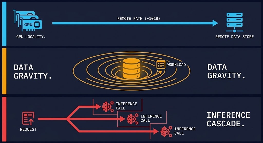 Diagram showing three AI inference cost drivers: GPU locality, data gravity, and cross-zone inference cascades