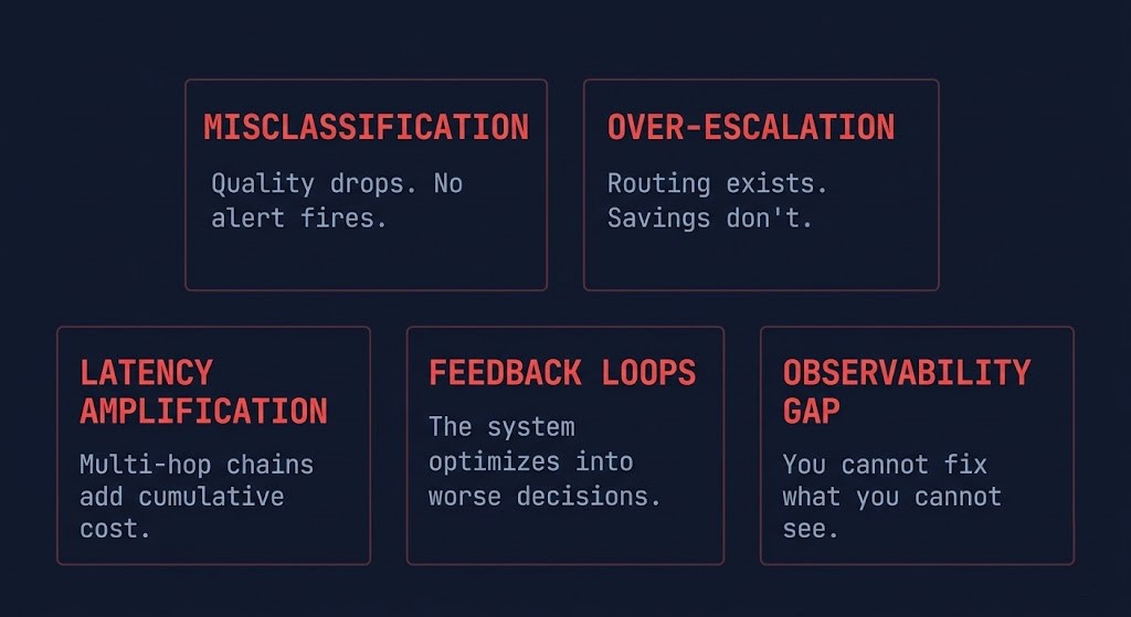 Five cost-aware model routing failure modes — misclassification, over-escalation, latency amplification, feedback loops, and observability gap