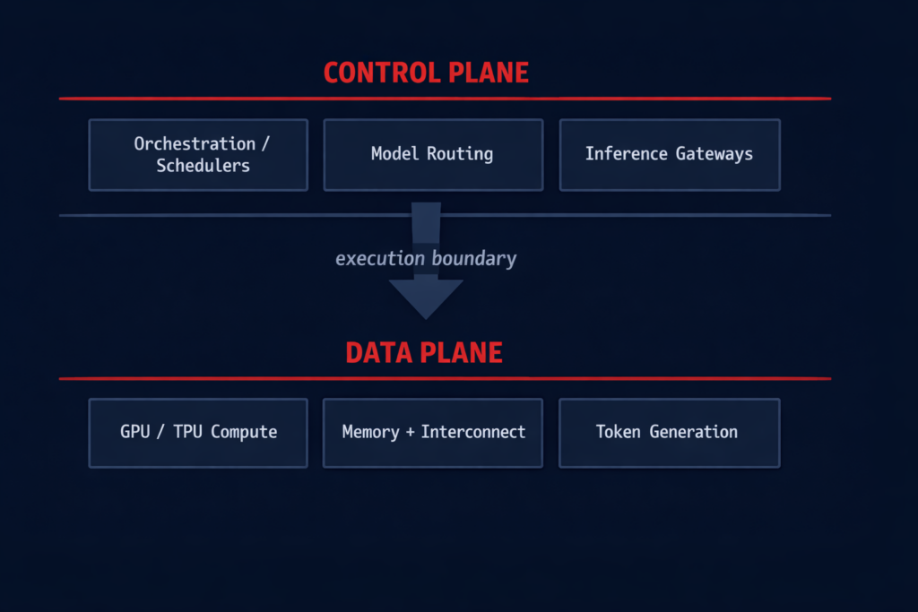 AI infrastructure control plane versus data plane architecture diagram showing orchestration and execution layers