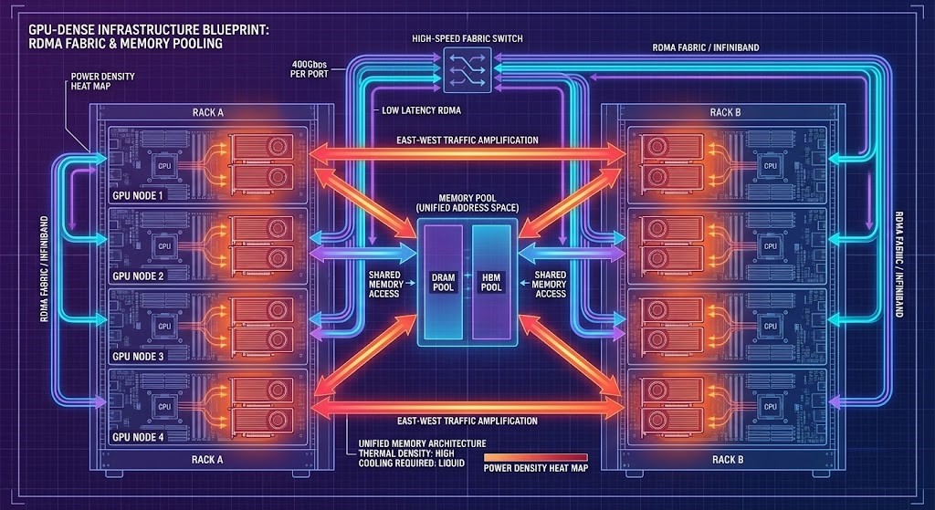 Technical diagram of GPU-dense AI infrastructure connected by high-speed fabric showing memory pooling and east-west traffic amplification.