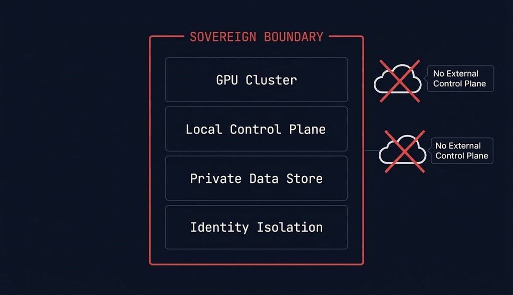 Sovereign AI infrastructure stack showing private GPU cluster with local control plane and data residency boundary