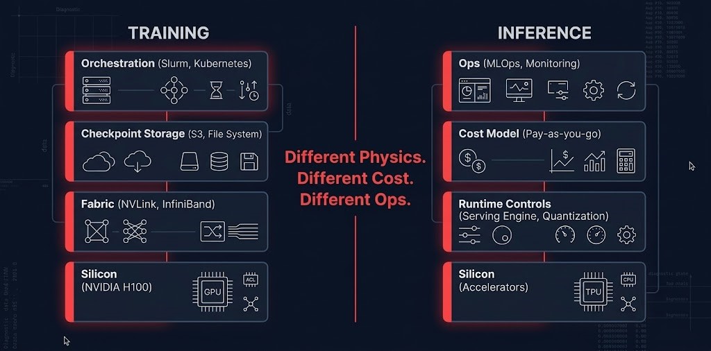 Training versus inference AI infrastructure stack comparison showing different hardware cost models and failure modes