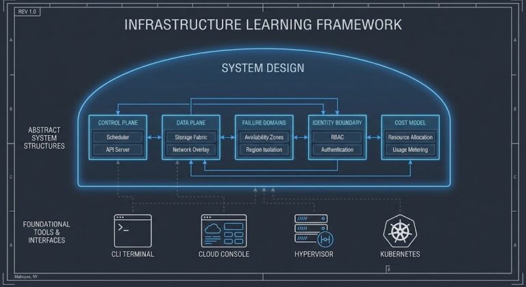 Blueprint-style diagram showing layered infrastructure learning model with tools at the base and system design envelope at the top representing architecture-first education.