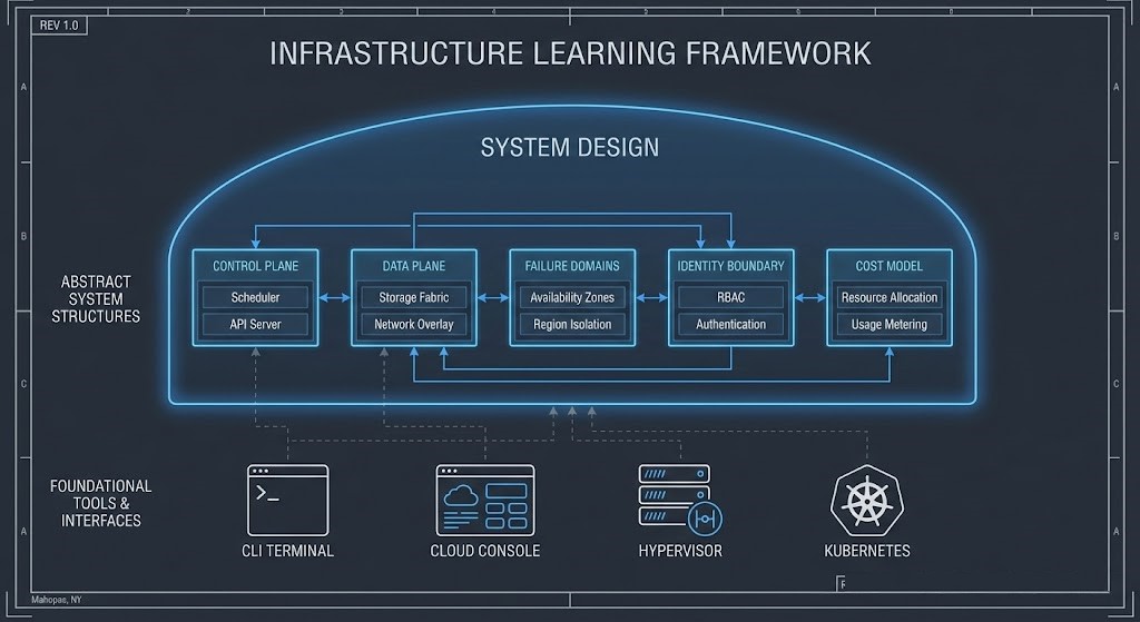 Blueprint-style diagram showing layered infrastructure learning model with tools at the base and system design envelope at the top representing architecture-first education.
