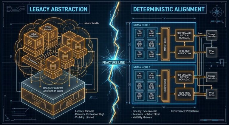 Architectural comparison showing legacy density-based virtualization versus deterministic alignment in modern HCI environments.