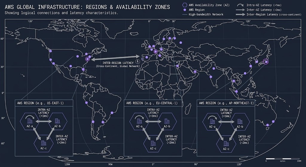 AWS global architecture diagram showing Regions, Availability Zones, and Local Zones