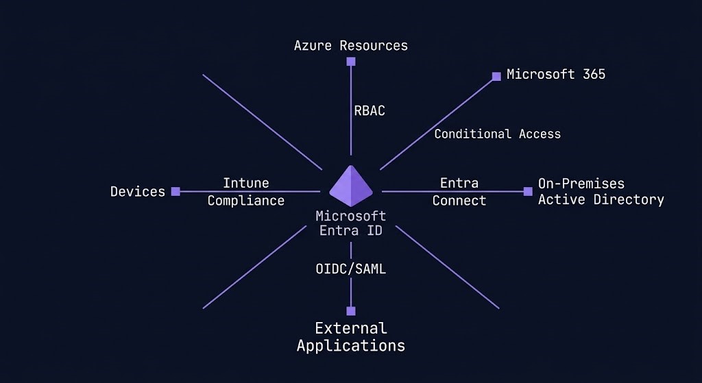 Azure cloud architecture diagram showing Microsoft Entra ID as the central identity control plane connecting Azure resources, Microsoft 365, on-premises Active Directory, external applications, and devices.