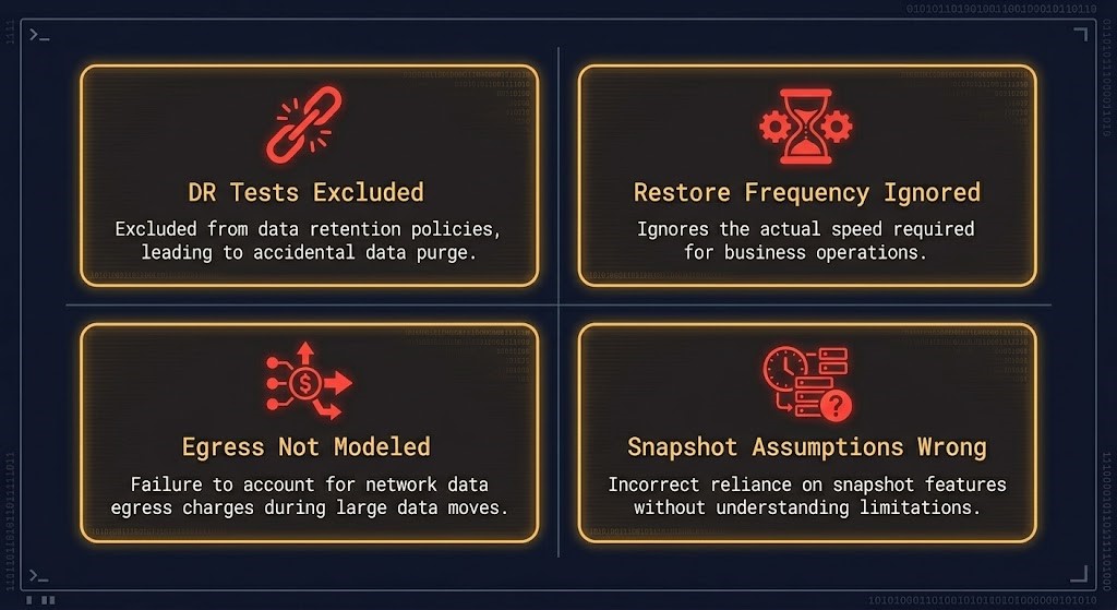 Four backup cost model failure points: DR tests excluded, restore frequency ignored, egress not modeled, snapshot assumptions wrong