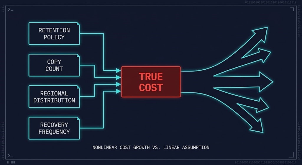 Diagram showing how retention policy, copy count, regional distribution, and recovery frequency multiply backup costs nonlinearly