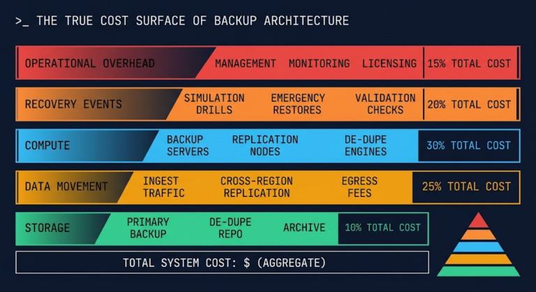 True backup cost model showing storage, data movement, compute, recovery, and operational overhead components