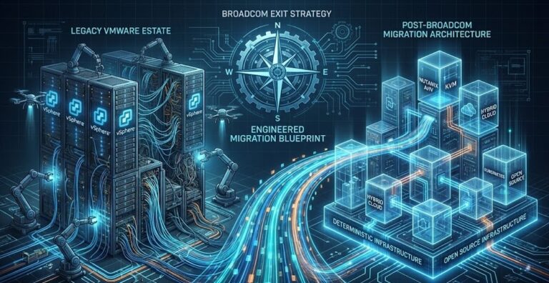 A technical blueprint illustration showing a legacy VMware data center being disassembled and migrated to a new, modular Post-Broadcom architecture including AHV and KVM.