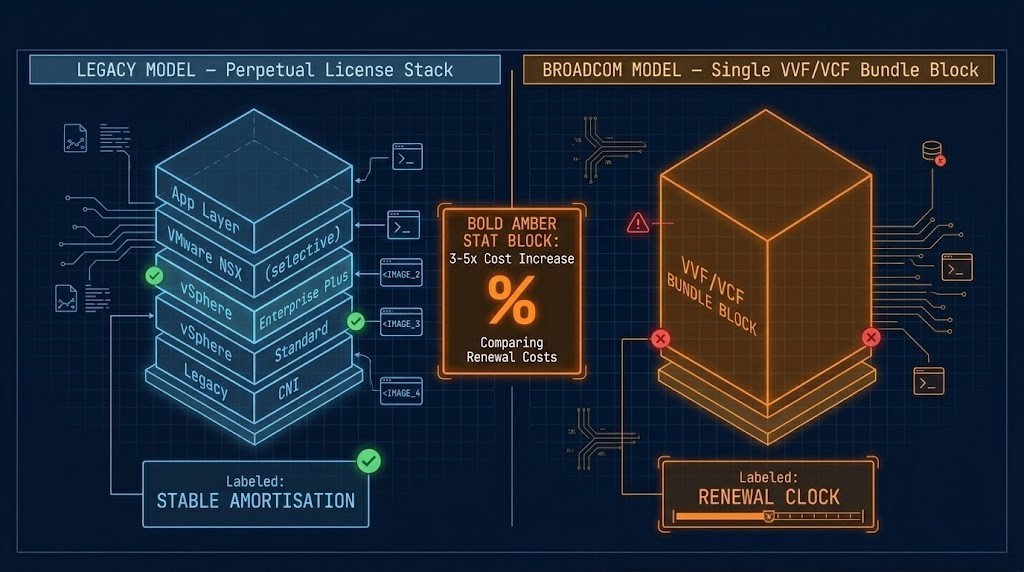 Diagram showing VMware perpetual licensing model transitioning to Broadcom VVF and VCF subscription bundles with cost increase illustration