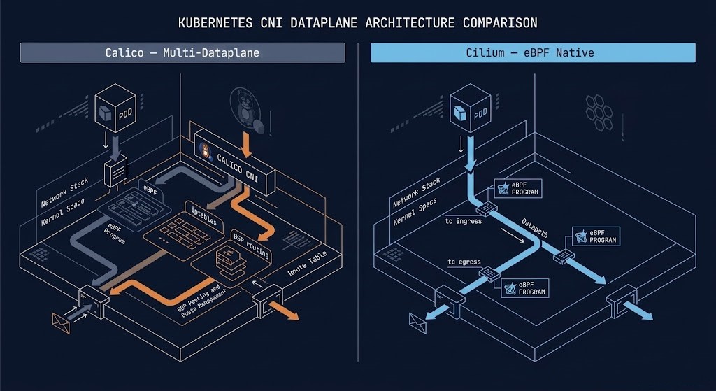 Architecture diagram comparing Calico multi-dataplane CNI with iptables BGP and eBPF options versus Cilium eBPF-native kernel networking