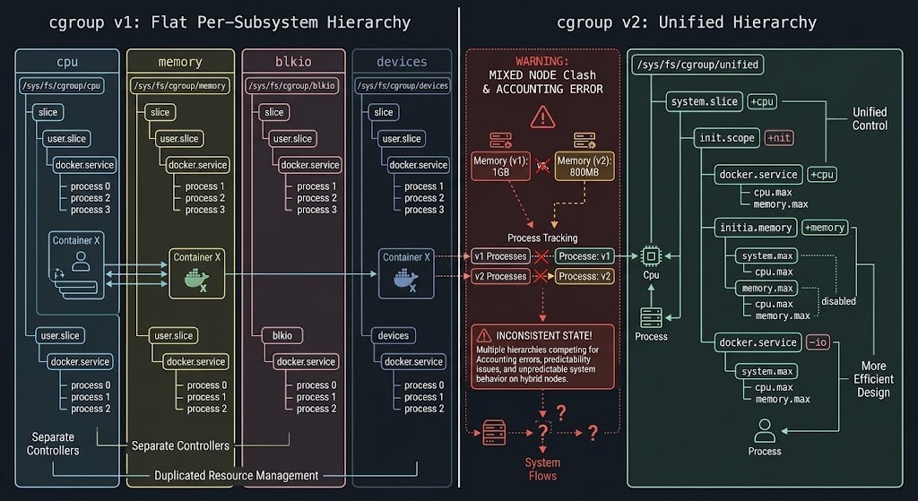 Comparison diagram of cgroup v1 flat hierarchy versus cgroup v2 unified hierarchy, showing resource accounting mismatch in mixed-node Kubernetes environments
