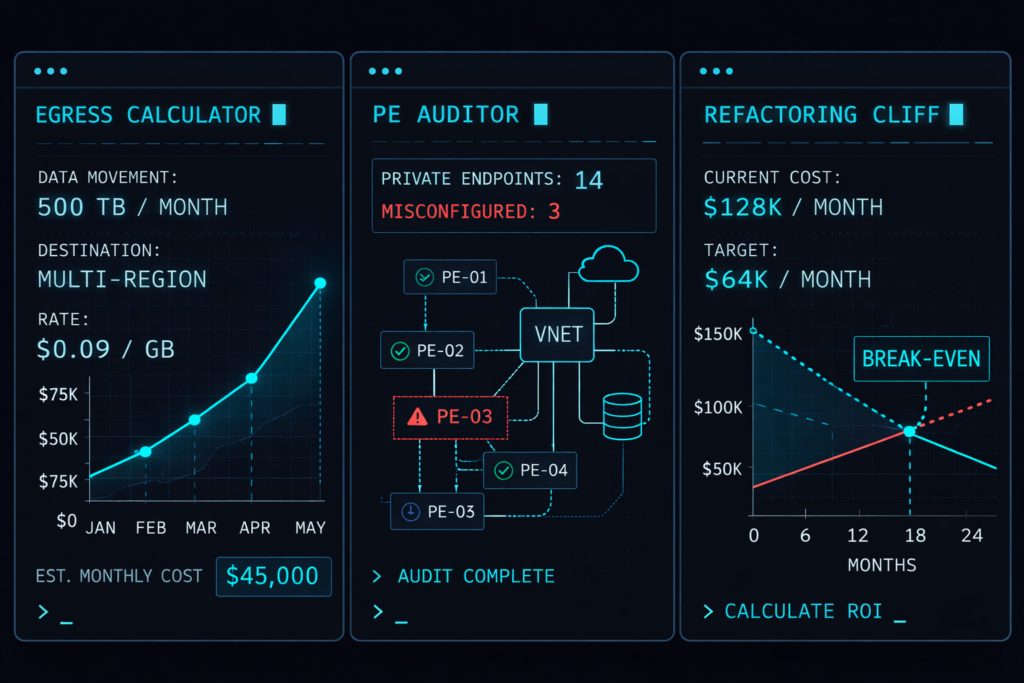 Cloud architecture engineering workbench showing egress calculator and cost modelling tools