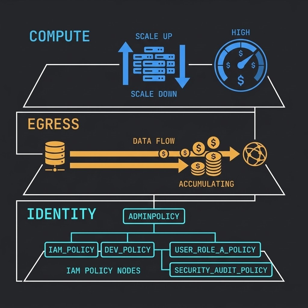 Cloud cost dynamics diagram showing egress, compute reservation, and identity control plane layers