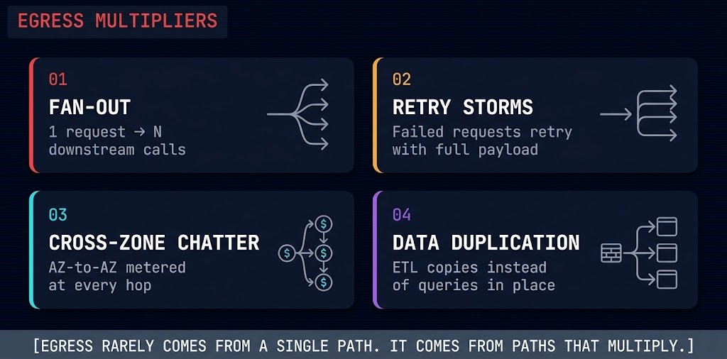 Cloud egress multiplier patterns diagram showing fan-out architectures, retry storms, cross-zone microservice chatter, and data duplication pipelines