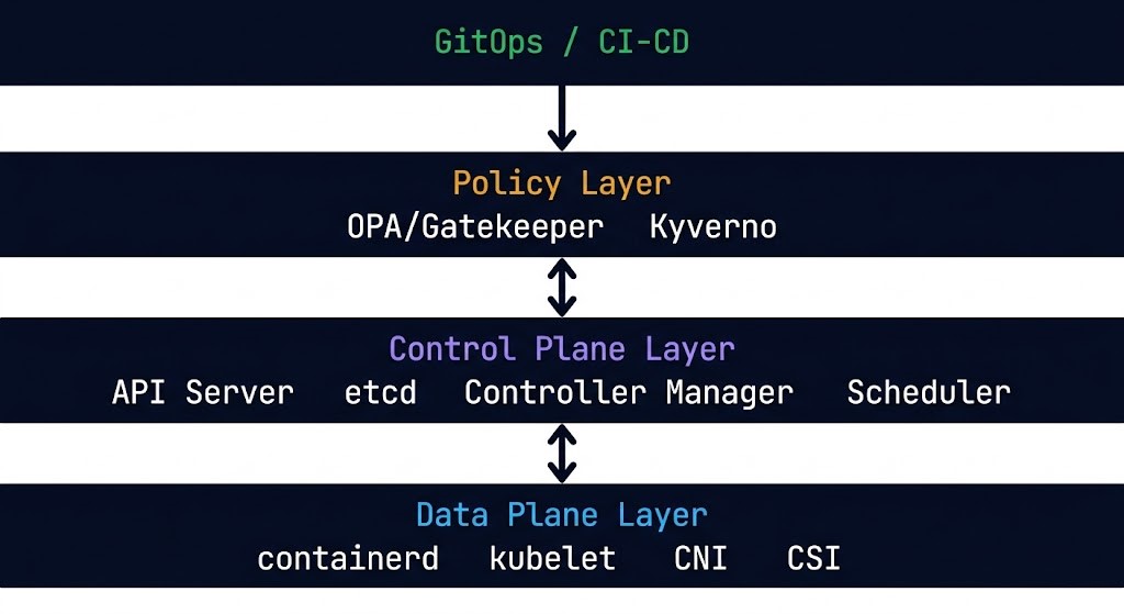 Cloud native architecture control plane model diagram showing four layers — GitOps delivery, policy enforcement, Kubernetes control plane, and data plane runtime — with communication flows between each layer.