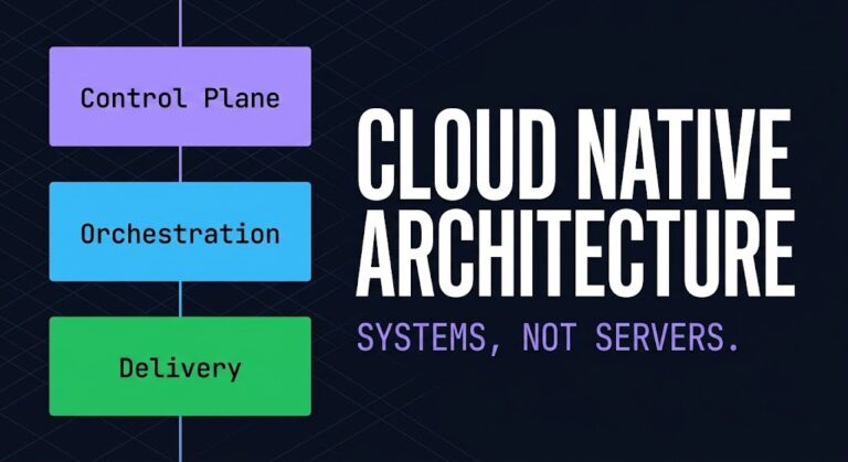 Cloud native architecture — systems not servers, covering control plane model, Kubernetes orchestration, service mesh, observability, and GitOps delivery.