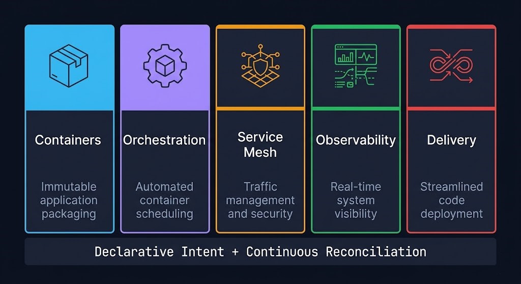 Cloud native architecture five pillars diagram showing Containers, Orchestration, Service Mesh, Observability, and Delivery built on a foundation of declarative intent and continuous reconciliation.