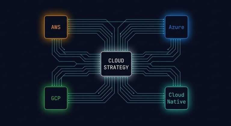 Cloud architecture strategy overview showing AWS, Azure, GCP, and cloud native domains