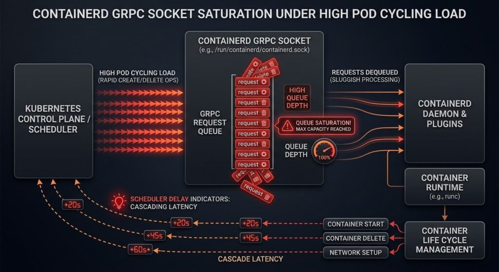 Diagram showing containerd gRPC socket saturation under rapid pod cycling load in CI/CD environments, with cascading scheduler delays